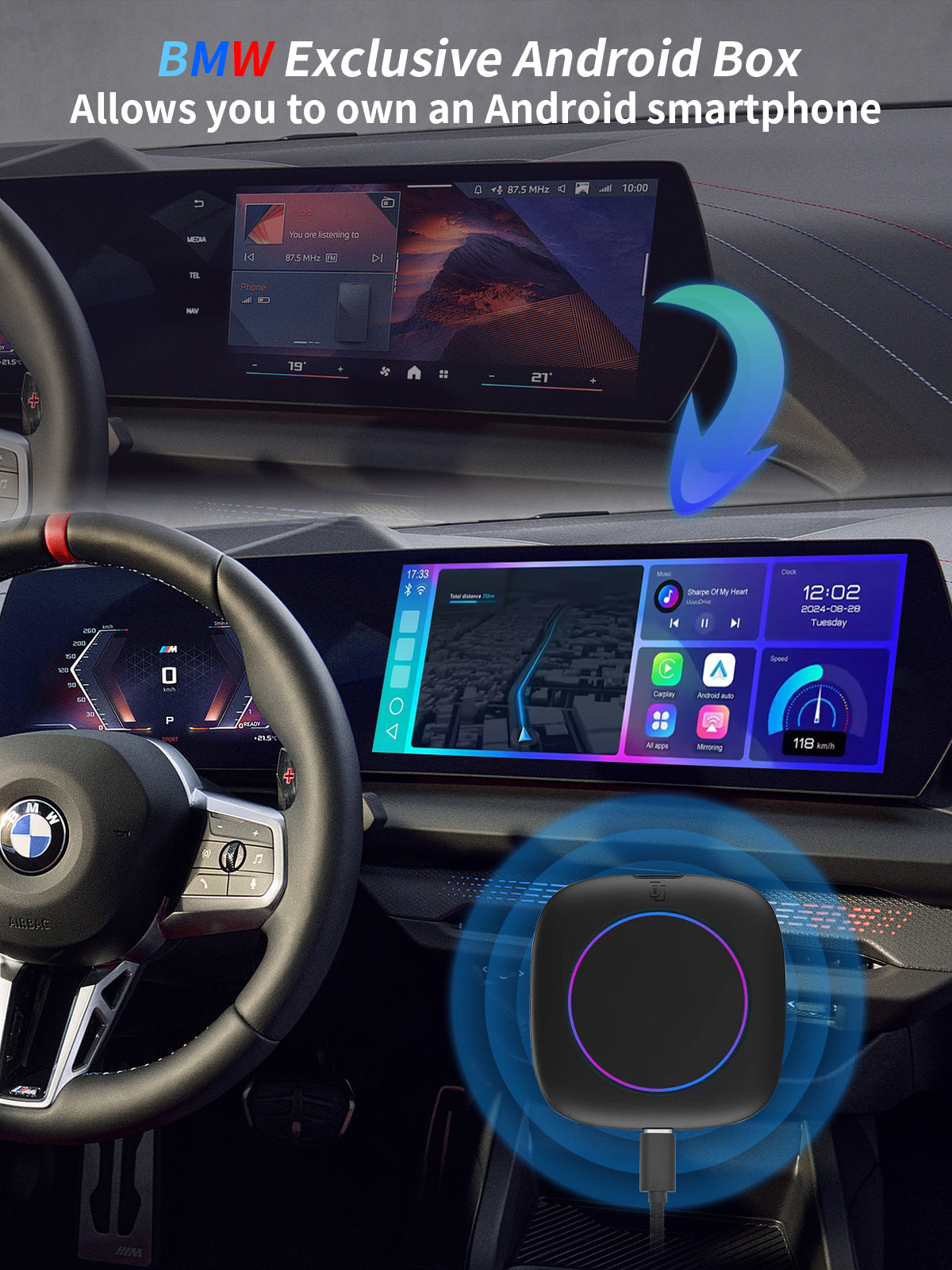 VMC BMW Multimedia Box with Wi-Fi hotspot support, streaming apps, and easy USB connection for a fully upgraded in-car experience.