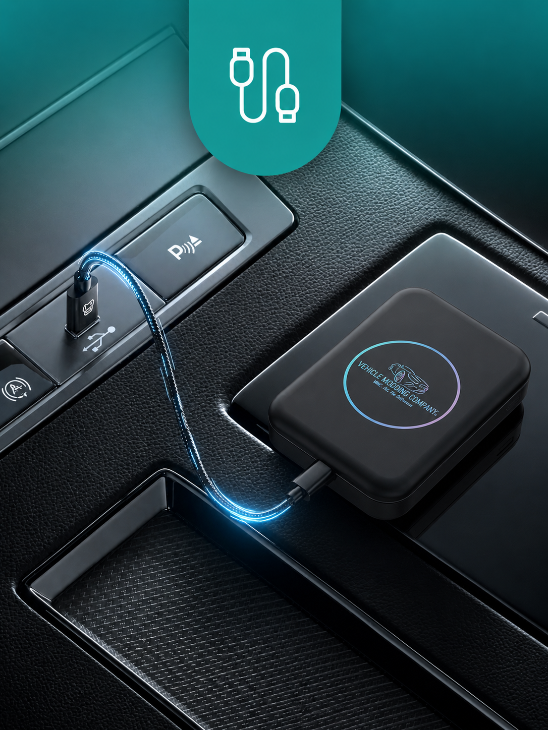 VMC Multimedia Box connected to a car's USB port.