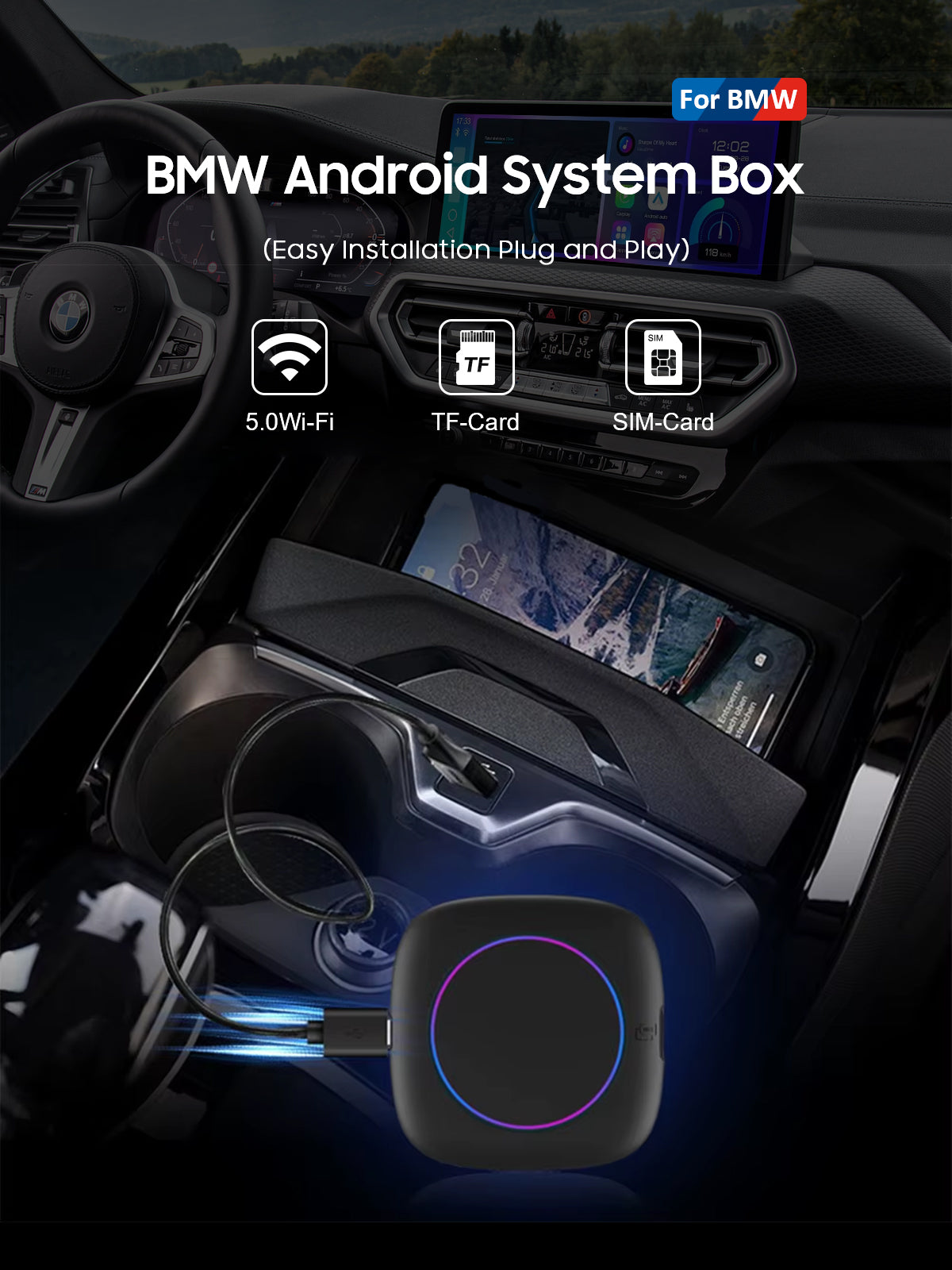 BMW VMC Multimedia Box for iDrive 10, enabling YouTube, Netflix, and personal media playback with built-in SIM and TF card support.

