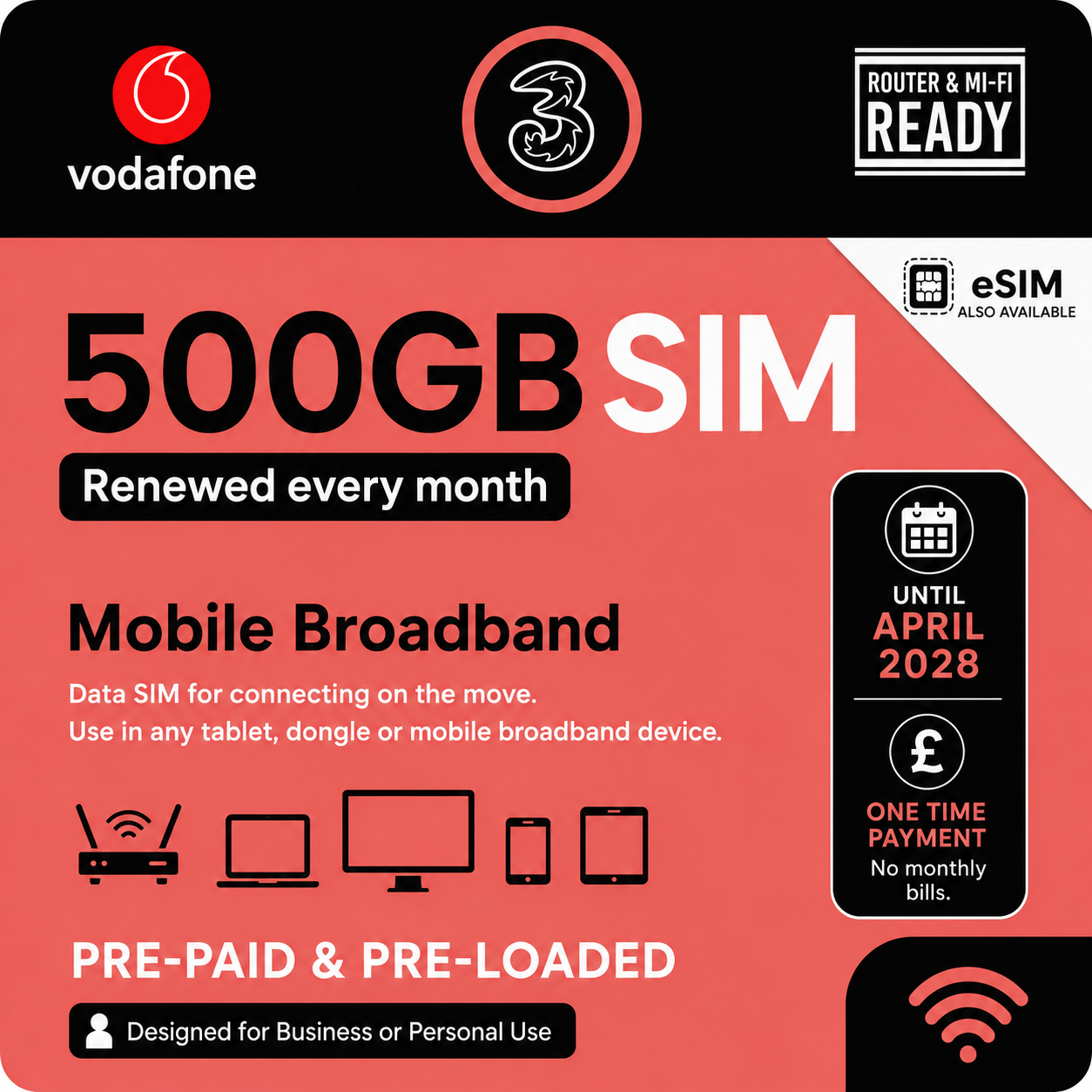 Three Pre-Loaded Data Sim 500GB / Month - 5G Uncapped Mobile | Exp April 2028