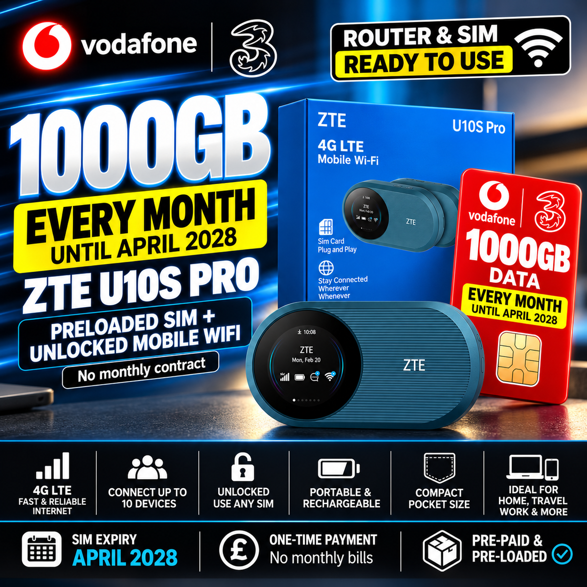 1TB WiFi Kit - Unlocked MiFi + 1000GB SIM - Exp Apr 2028 - No Contract